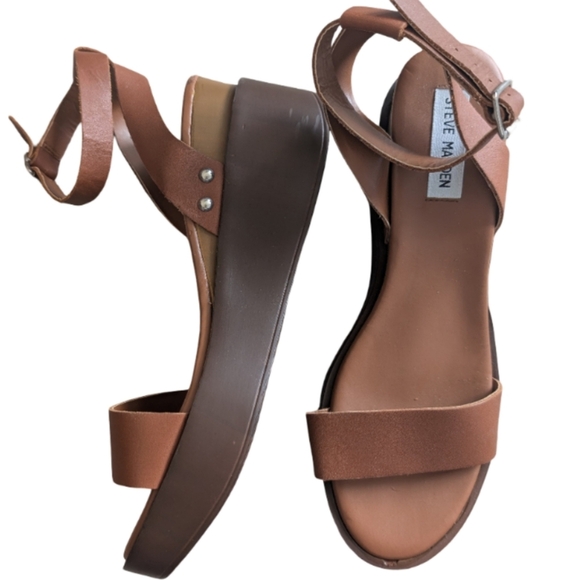 Steve Madden TIRMA Platform Sandals Sz 9.5 Brown Leather Ankle Strap Wedge Boho - Picture 1 of 8